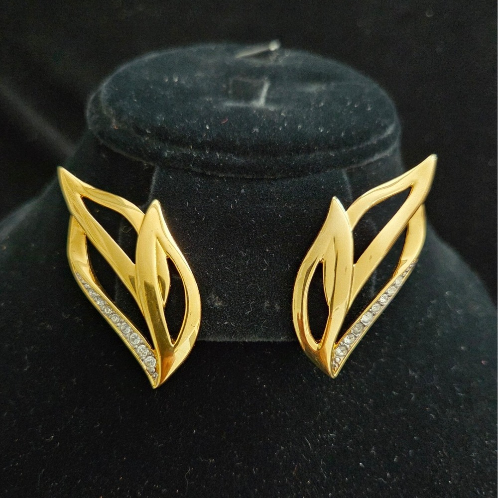 Monet Vintage Gold Tone Rhinestone Abstract Flame Clip On Earrings Statement